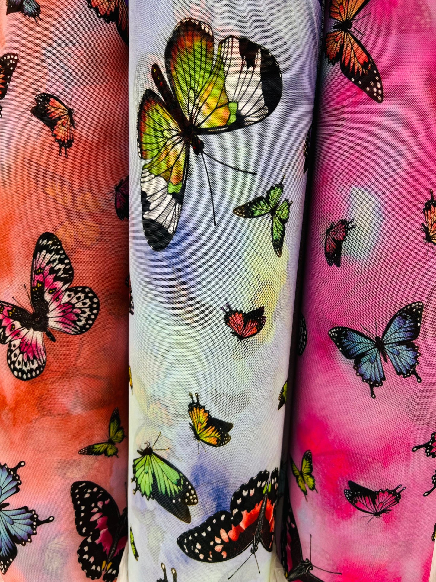 Butterfly design Multicolor print on best quality of nylon power mesh  4-way stretch 58/60” Sold by the YD. Ships Worldwide from