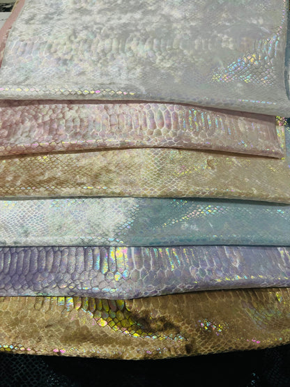 Ilusión Anaconda design crystal iridescent foil on great quality of stretch velvet 4-way stretch 58/60” Sold by the YD. Ships Worldwide