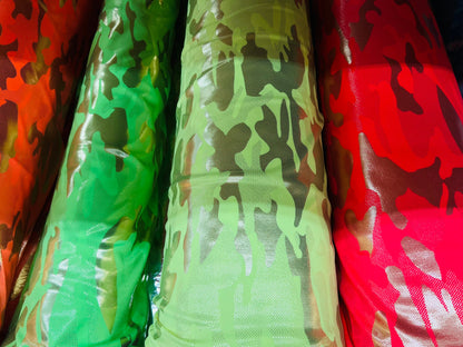 Camouflage design neon colors metallic nylon spandex 4-way stretch 58/60” Sold by the YD. Ships Worldwide from Los Angeles California USA