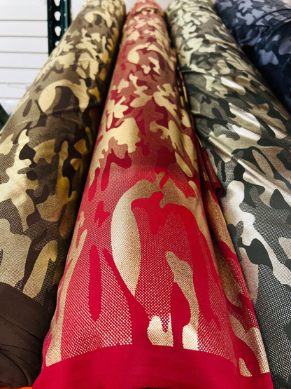 Camouflage design metallic nylon spandex 4-way stretch 58/60” Sold by the YD. Ships Worldwide from Los Angeles California USA.