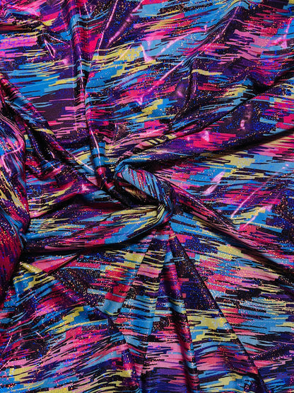 New Hologram abstract paint design metallic nylon spandex 4-way stretch 58/60” Sold by the YD. Ships Worldwide from Los Angeles California