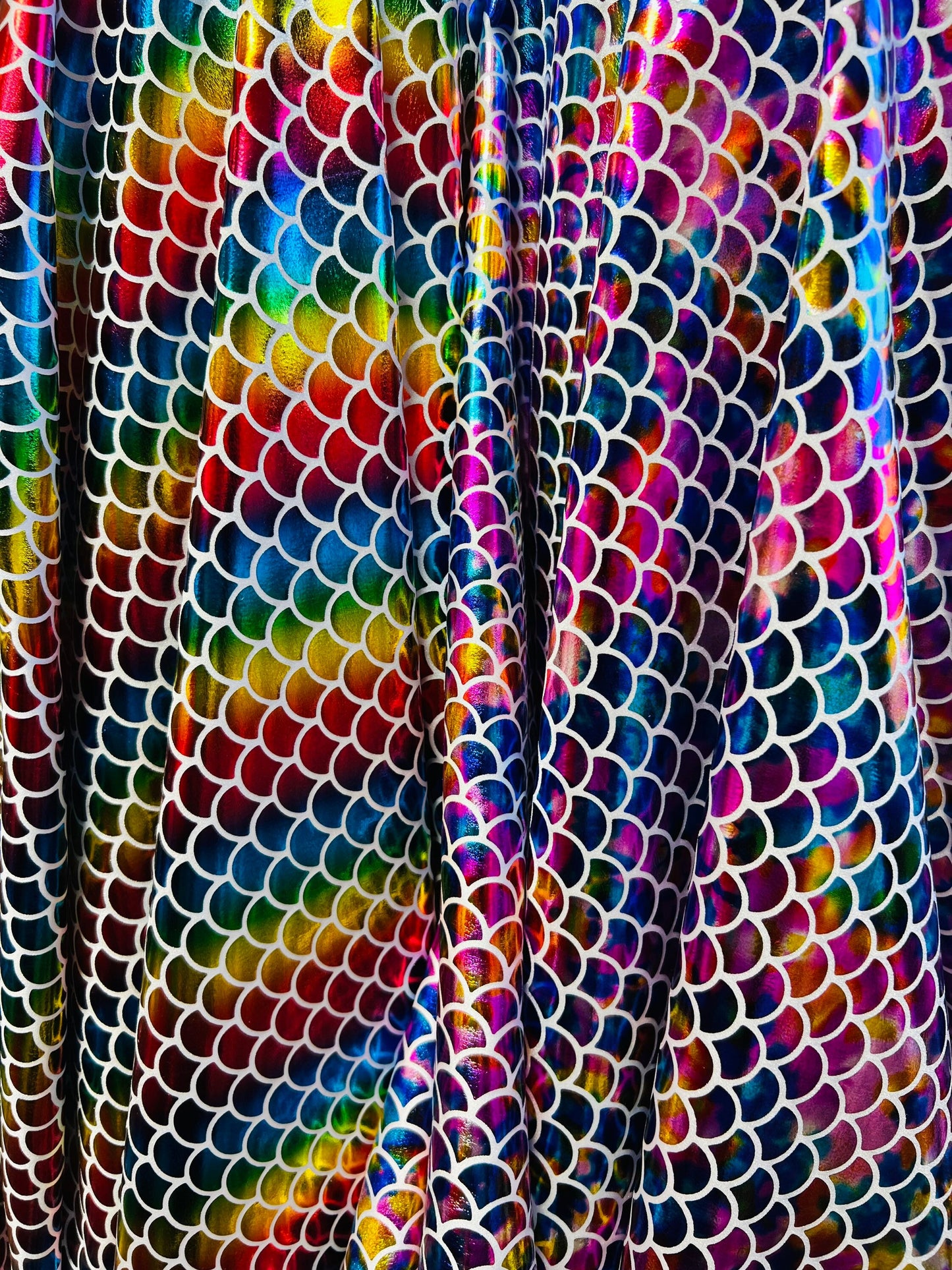 Mermaid fish scale design hologram nylon spandex 4-way stretch 58/60” Sold by the YD. Ships Worldwide from Los Angeles California USA