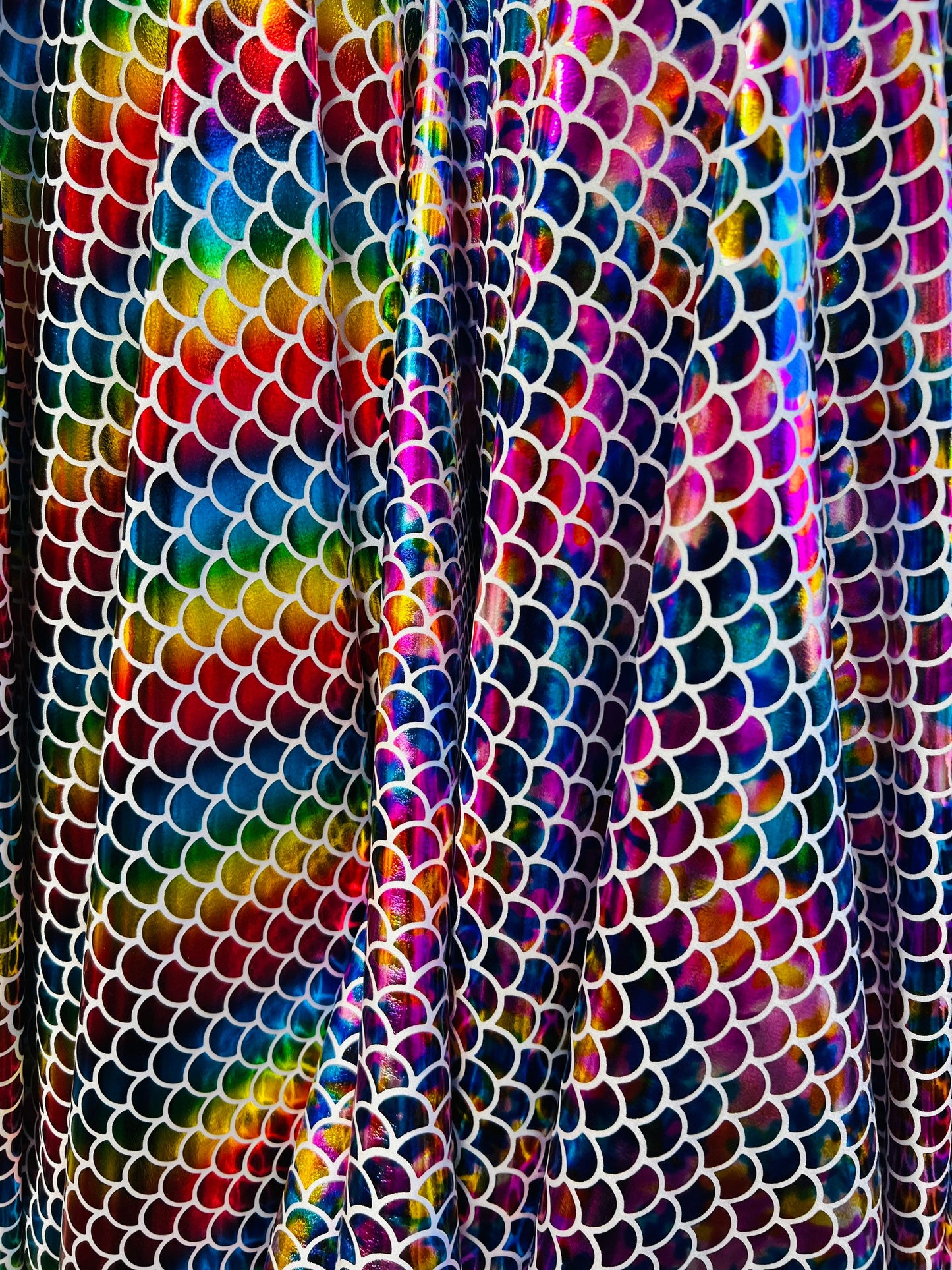 Mermaid fish scale design hologram nylon spandex 4-way stretch 58/60” Sold by the YD. Ships Worldwide from Los Angeles California USA