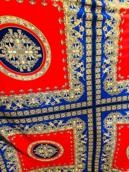 New brand fashion design sapphire/red/gold print on poly spandex light weight 2-way stretch 58/60” Sold by panel 32”