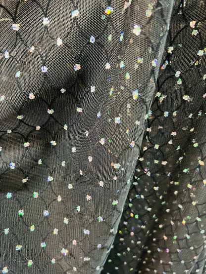 Oval design flocking glitter stretch mesh one way stretch 58/60”  Sold by the YD. Ships Worldwide from Los Angeles California USA