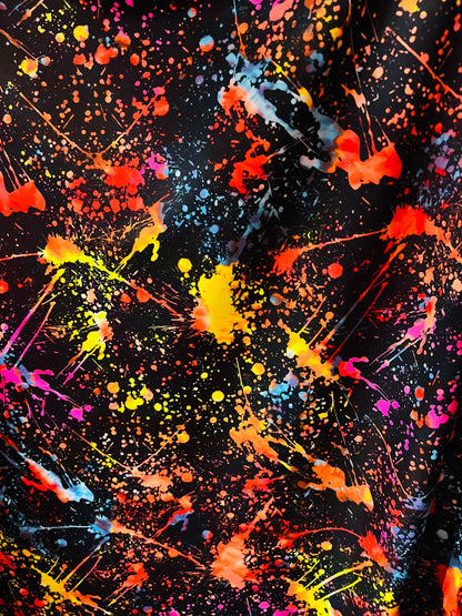 New splatter paint design Black/Multicolor print on nylon spandex 4-way stretch 58/60” Sold by the YD. Ships worldwide from Los Angeles Cali