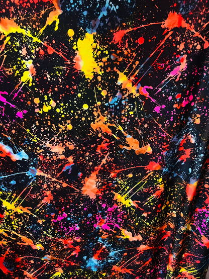 New splatter paint design Black/Multicolor print on nylon spandex 4-way stretch 58/60” Sold by the YD. Ships worldwide from Los Angeles Cali