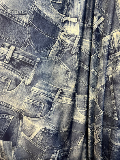 Jeans pocket design print on poly spandex 4-way stretch medium weight 58/60” Sold by the YD. Ships Worldwide from Los Ángeles California USA