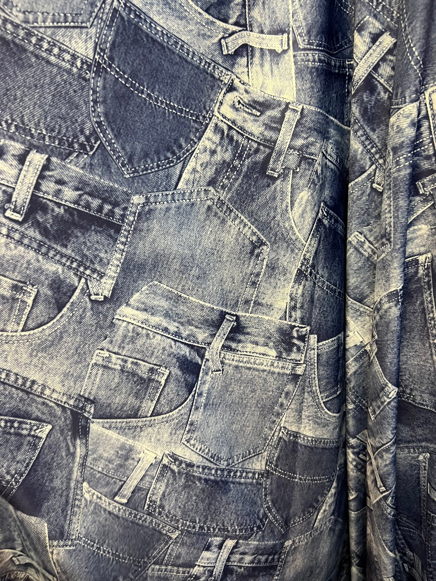 Jeans pocket design print on poly spandex 4-way stretch medium weight 58/60” Sold by the YD. Ships Worldwide from Los Ángeles California USA