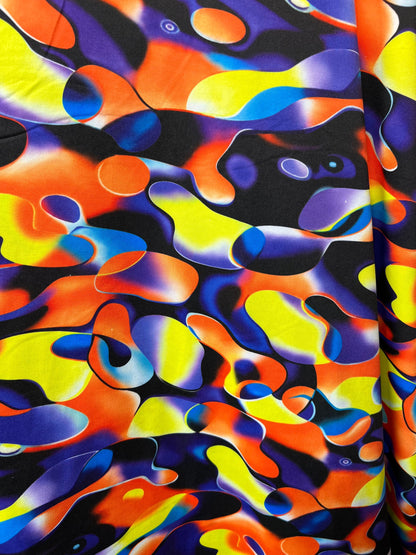 New UV light reflective abstract design Multicolor Neon Bubble Bubble print heavy nylon spandex 4-way stretch 58/60” Sold by the YD.