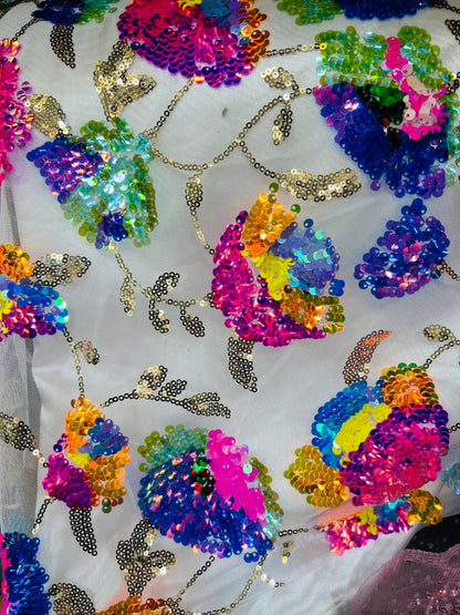 New Flower design embroidered sequins with neon colors on stretch mesh 2-way 54/55” Sold by the YD.