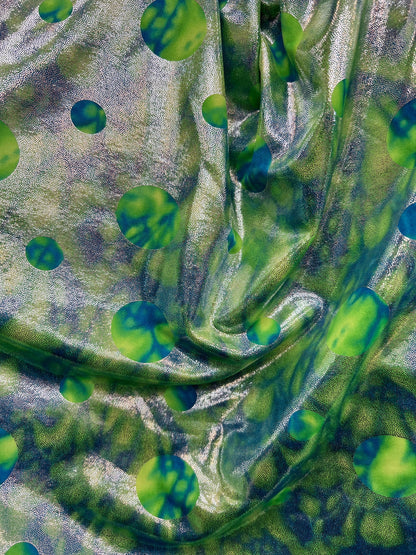 Water design Blue/green foiled print on nylon spandex with silver foil 4-way stretch 58/60” Sold by the YD. Ships Worldwide