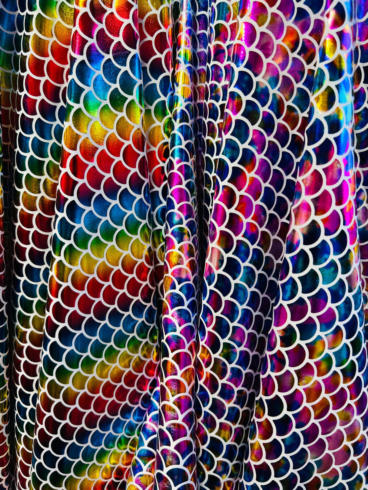 Mermaid fish scale design hologram nylon spandex 4-way stretch 58/60” Sold by the YD. Ships Worldwide from Los Angeles California USA