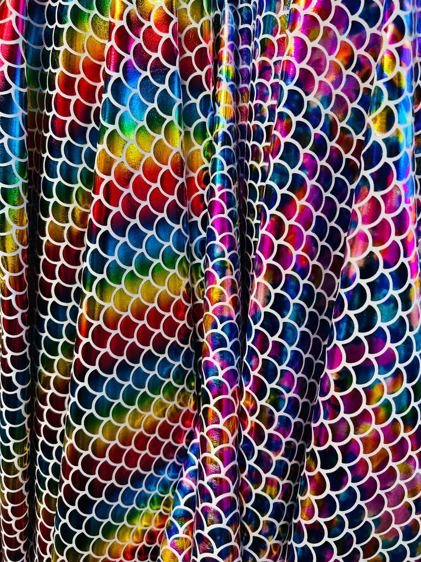 Mermaid fish scale design hologram nylon spandex 4-way stretch 58/60” Sold by the YD. Ships Worldwide from Los Angeles California USA