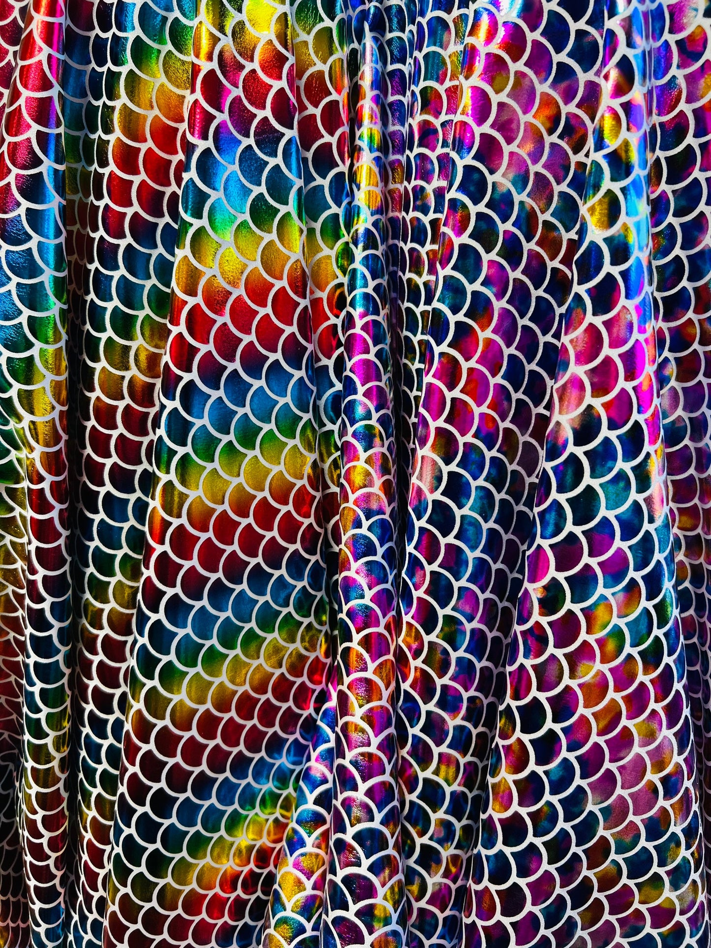 Mermaid fish scale design hologram nylon spandex 4-way stretch 58/60” Sold by the YD. Ships Worldwide from Los Angeles California USA