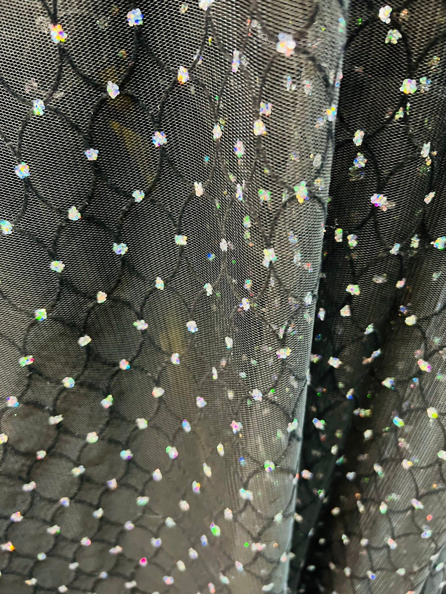 Oval design flocking glitter stretch mesh one way stretch 58/60”  Sold by the YD. Ships Worldwide from Los Angeles California USA