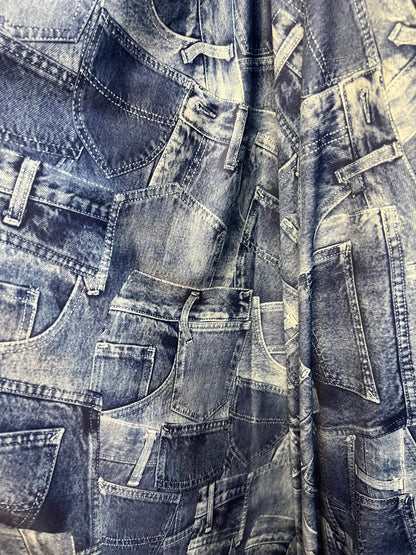 Jeans pocket design print on poly spandex 4-way stretch medium weight 58/60” Sold by the YD. Ships Worldwide from Los Ángeles California USA