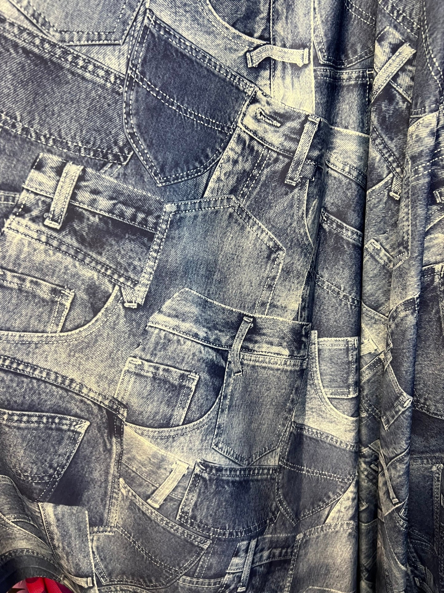 Jeans pocket design print on poly spandex 4-way stretch medium weight 58/60” Sold by the YD. Ships Worldwide from Los Ángeles California USA