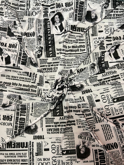 News paper fashion design print on great quality of power mesh 4-way stretch 58/60” Sold by the YD. Ships Worldwide from Los Angeles CA