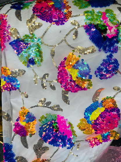 New Flower design embroidered sequins with neon colors on stretch mesh 2-way 54/55” Sold by the YD.