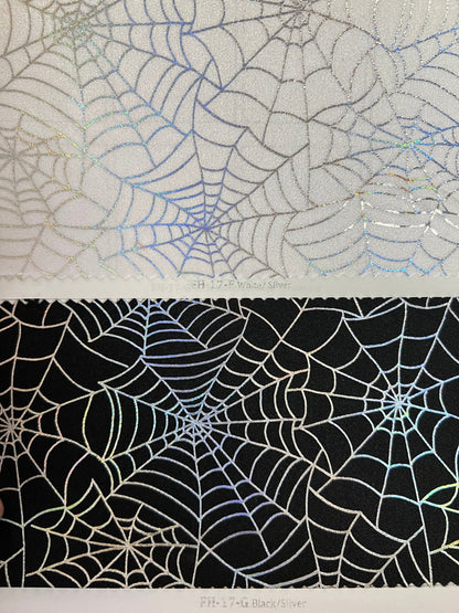 Spiderweb design hologram metallic nylon spandex 4-way stretch 58/60” Sold by the YD. Ships Worldwide from Los Angeles California USA.