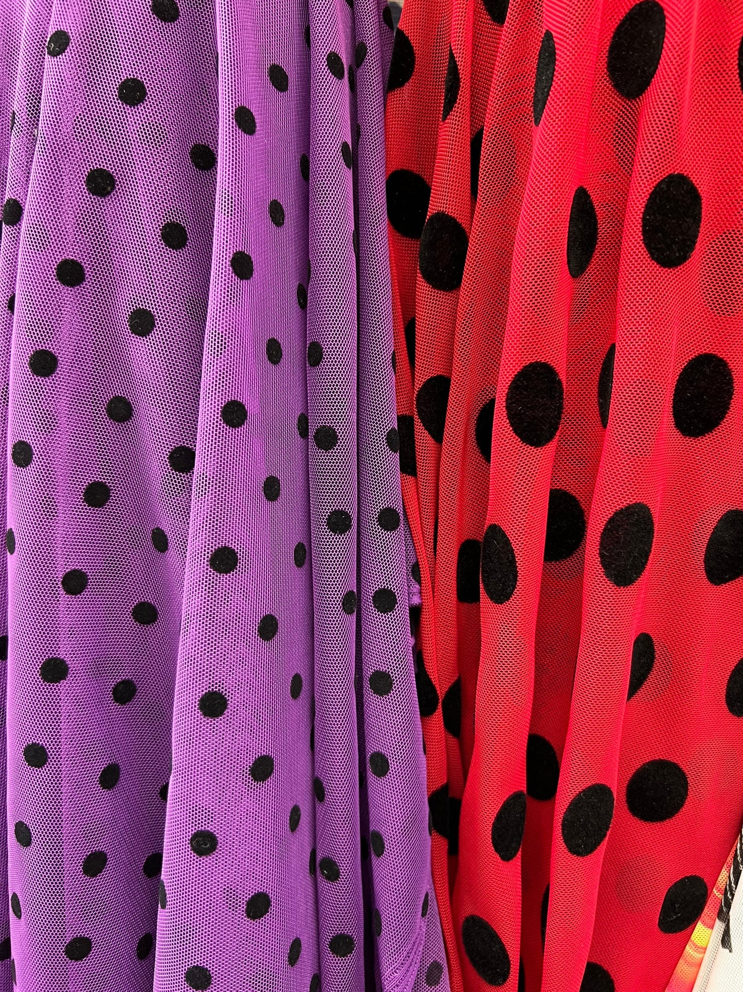 Polka dots design power mesh nylon spandex with flocking dots 4-way stretch 58/60” Sold by the YD. Ships Worldwide from Los Angeles CA