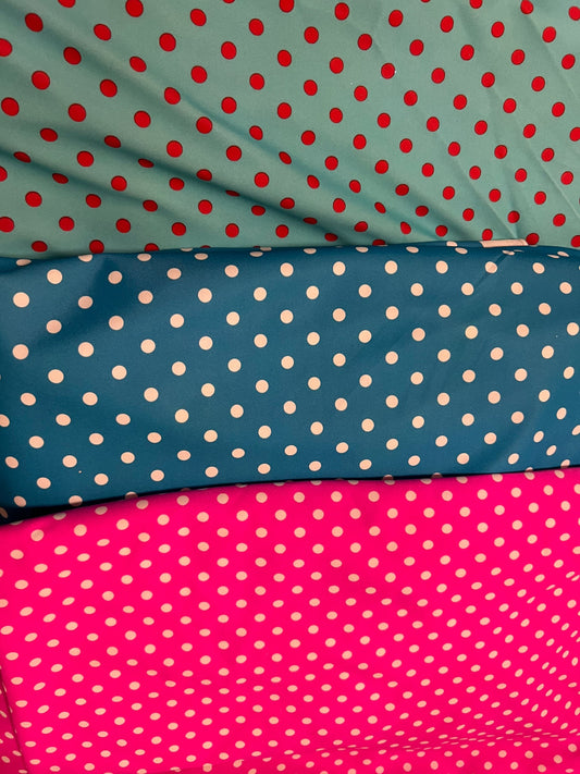 Small polka dots design print on best quality of nylon spandex 4-way stretch 58/60” Sold by the YD. Ships Worldwide from Los Angeles CA.