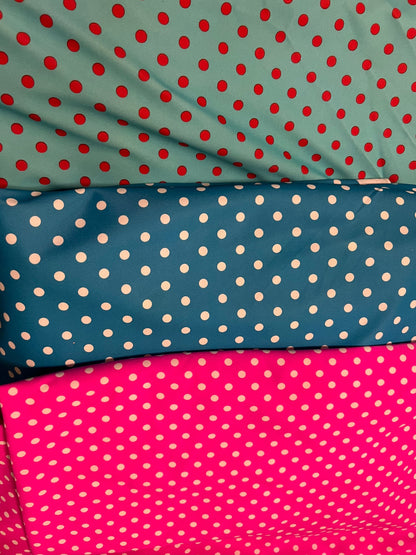 Small polka dots design print on best quality of nylon spandex 4-way stretch 58/60” Sold by the YD. Ships Worldwide from Los Angeles CA.