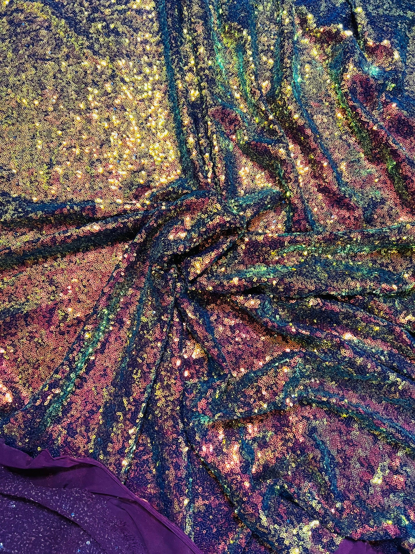 New sequins cosmic iridescent mini glitz sequins embroidered on stretch power mesh 4-Way 55/56” Sold by the YD. Ships worldwide