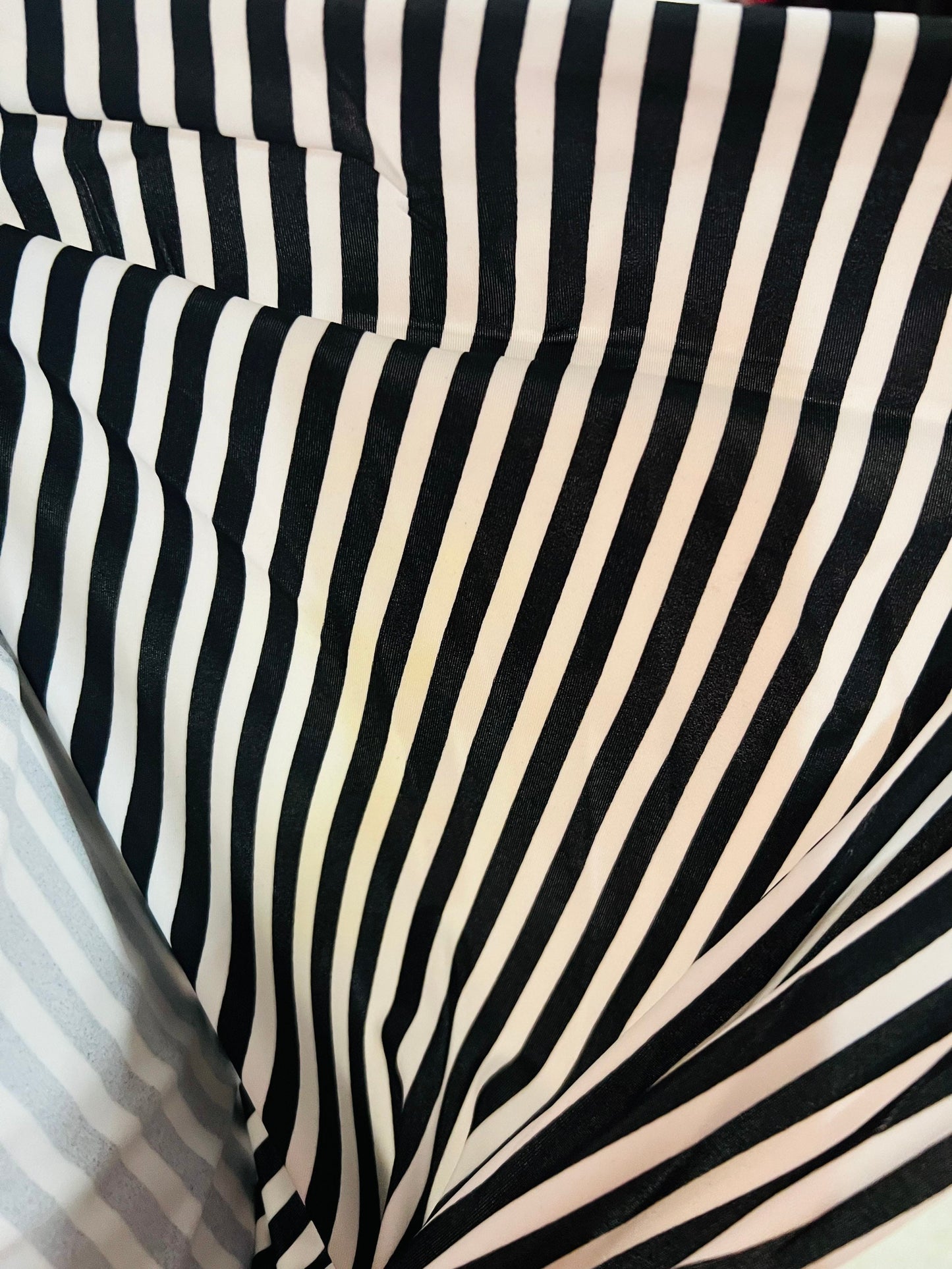 Striped design 1/2” White/Black print on great quality of nylon spandex 4-way stretch 58/60” Sold by the YD. Ships Worldwide from L.A