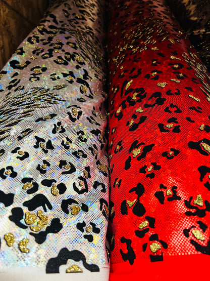 New Jaguar design exotic animal print on hologram metallic nylon spandex with flocking 4-way stretch 58/60” Sold by the YD.