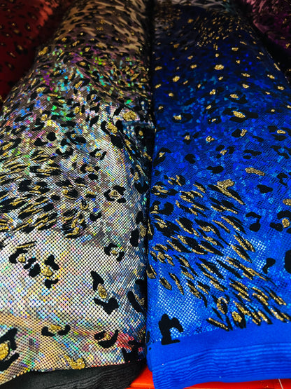 New Jaguar design exotic animal print on hologram metallic nylon spandex with flocking 4-way stretch 58/60” Sold by the YD.