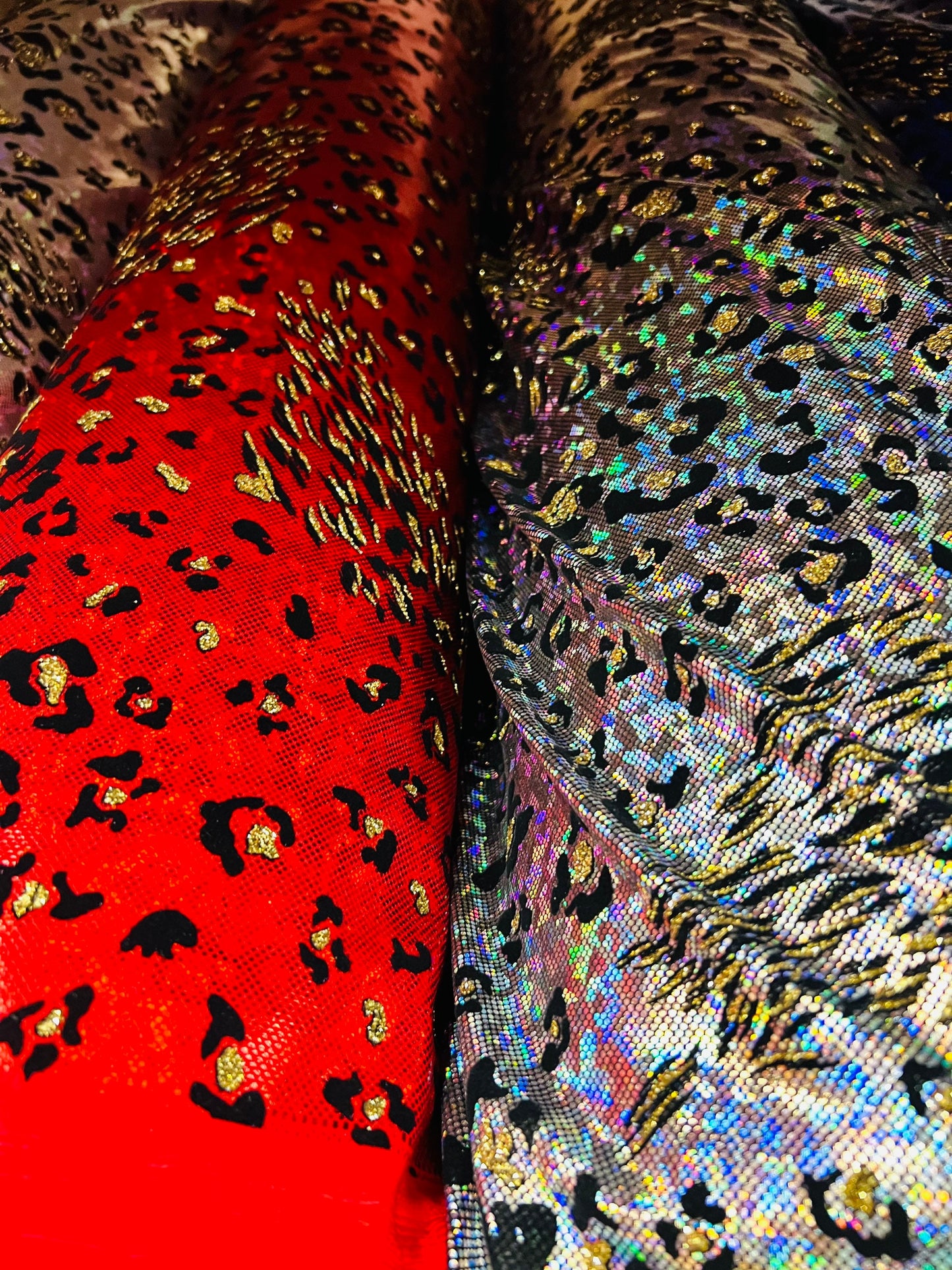 New Jaguar design exotic animal print on hologram metallic nylon spandex with flocking 4-way stretch 58/60” Sold by the YD.