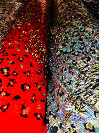 New Jaguar design exotic animal print on hologram metallic nylon spandex with flocking 4-way stretch 58/60” Sold by the YD.