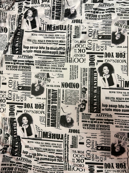 News paper fashion design print on great quality of power mesh 4-way stretch 58/60” Sold by the YD. Ships Worldwide from Los Angeles CA