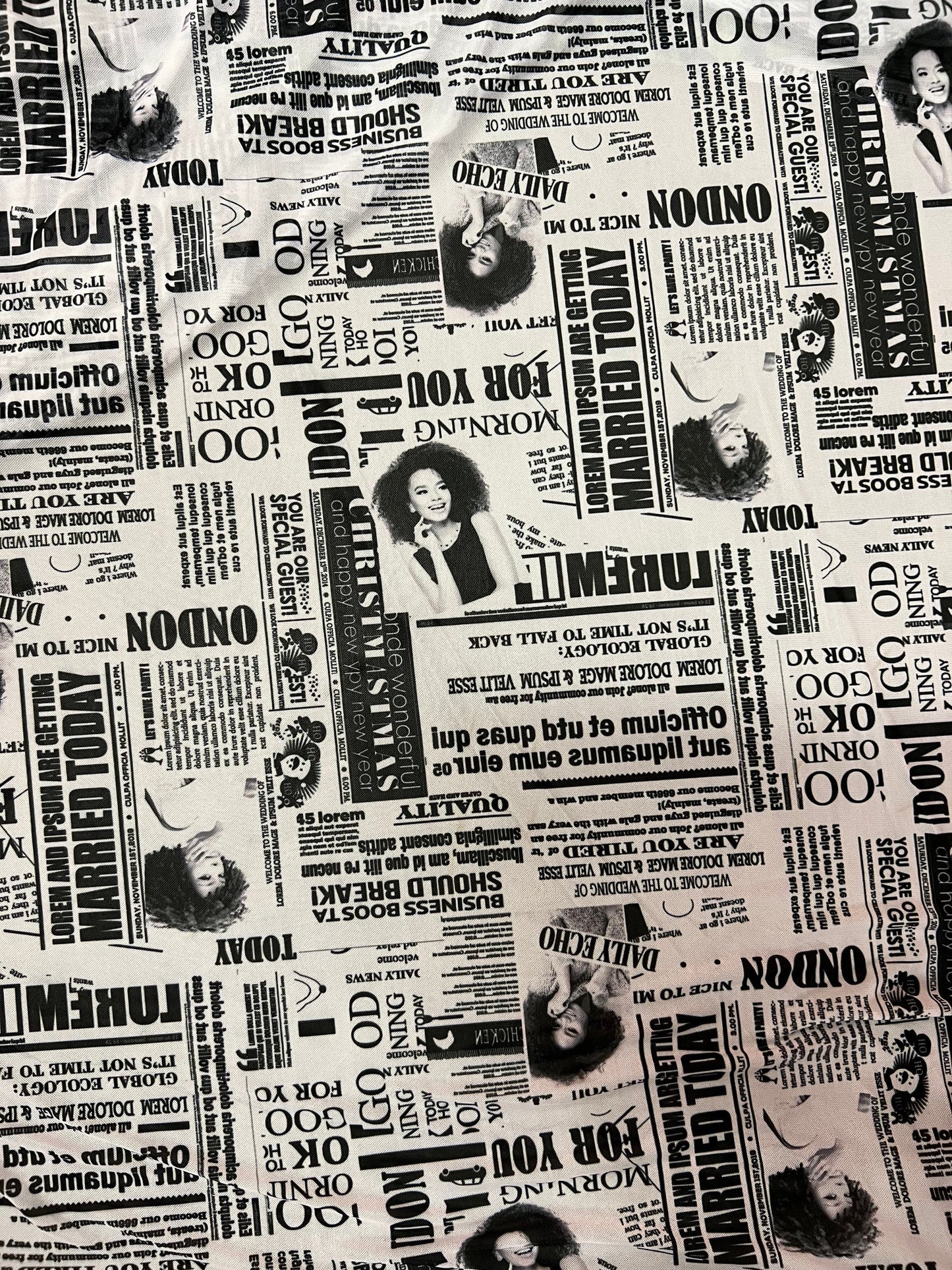 News paper fashion design print on great quality of power mesh 4-way stretch 58/60” Sold by the YD. Ships Worldwide from Los Angeles CA