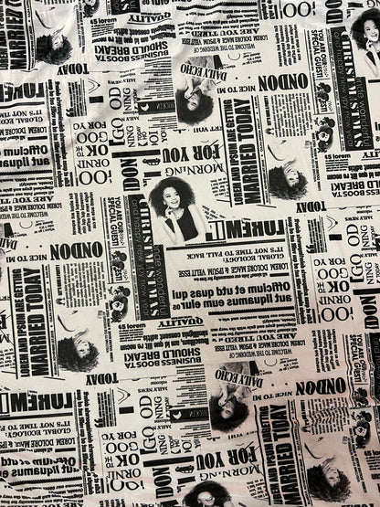 News paper fashion design print on great quality of power mesh 4-way stretch 58/60” Sold by the YD. Ships Worldwide from Los Angeles CA