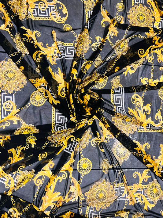 New Brand fashion design Black/Gold  print on great quality of power mesh 4-way stretch 58/60”