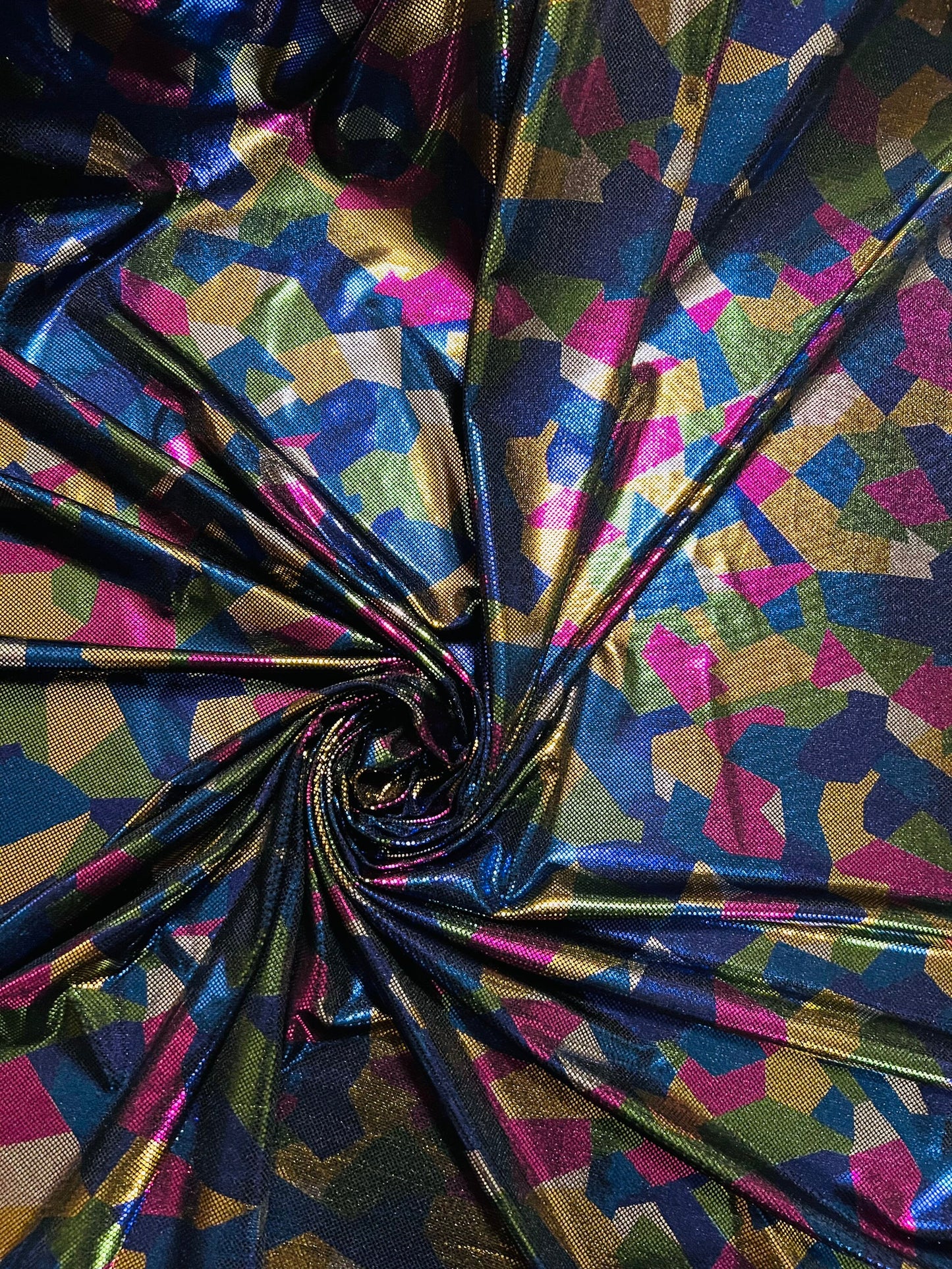 Shattered glass design metallic nylon spandex 2-way stretch purple/multicolor 58/60” Sold by the YD. Ships Worldwide from Los Angeles CA