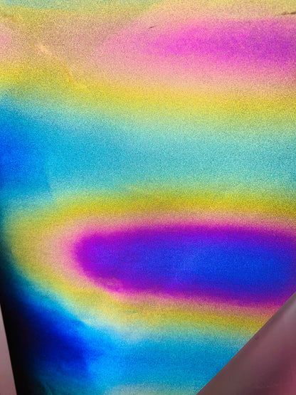 New reflective rainbow heavy vinyl non stretch 58/60” Sold by the YD. Ships Worldwide from Los Angeles California USA.