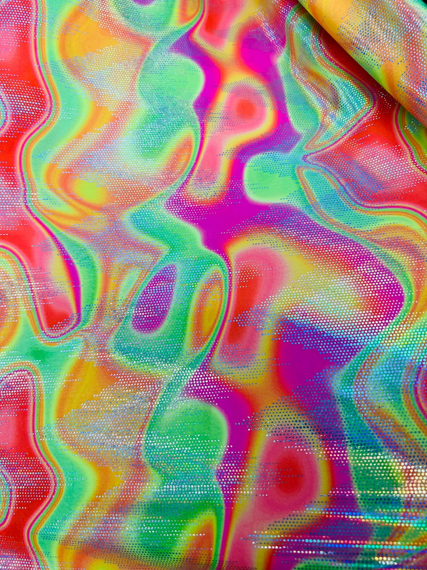 New lava abstract digital design hologram metallic nylon spandex 4-way stretch 58/60” Sold by the YD. Ships Worldwide from Los Angeles CA