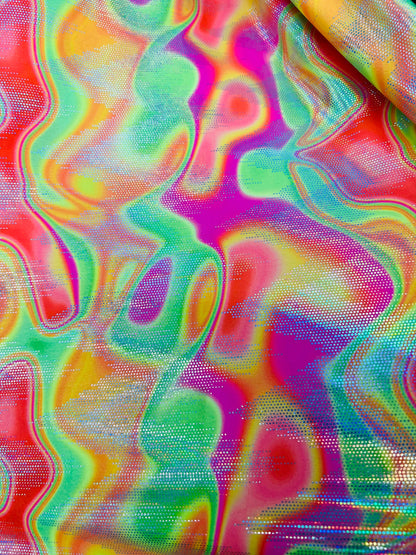 New lava abstract digital design hologram metallic nylon spandex 4-way stretch 58/60” Sold by the YD. Ships Worldwide from Los Angeles CA