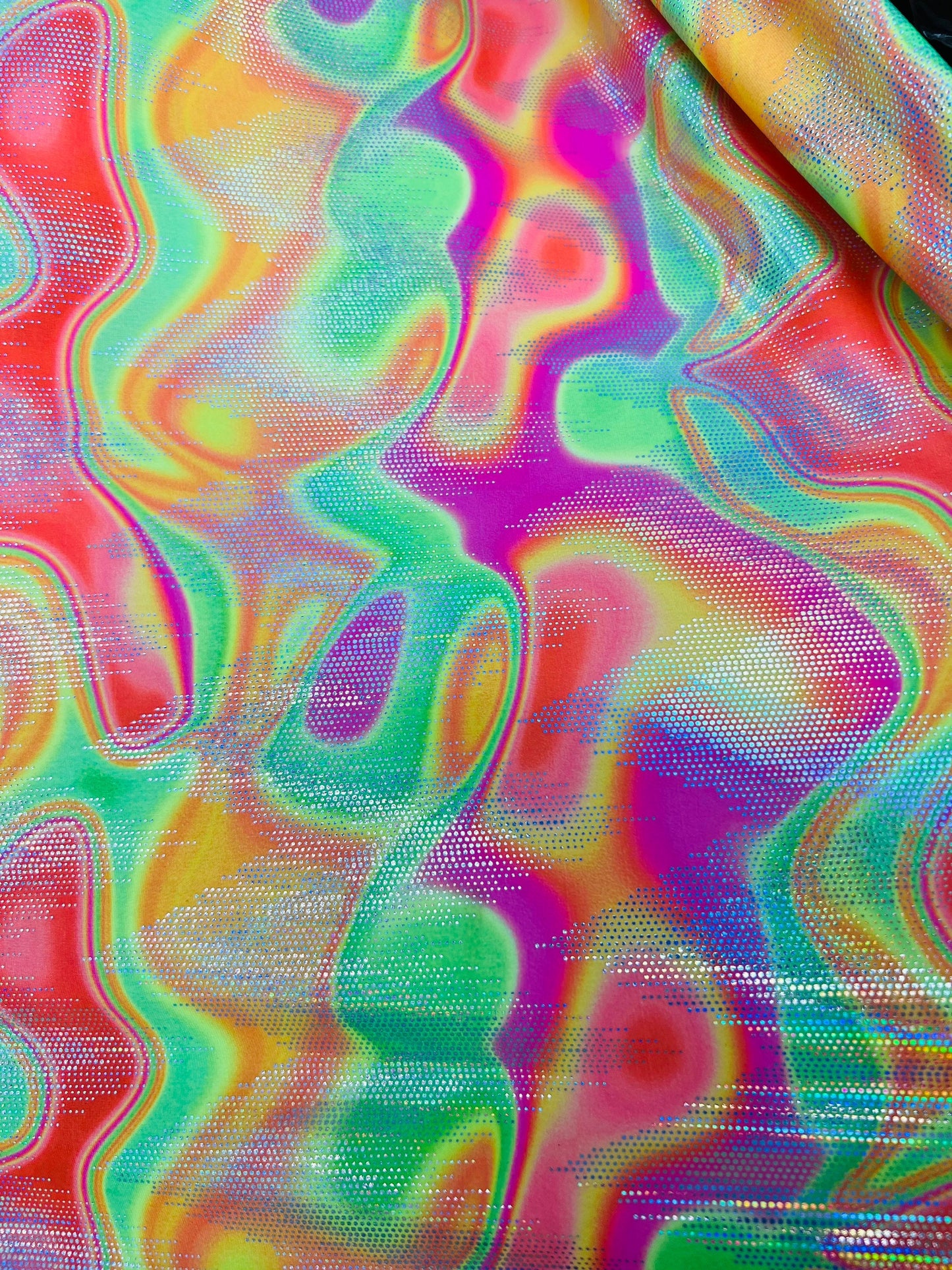 New lava abstract digital design hologram metallic nylon spandex 4-way stretch 58/60” Sold by the YD. Ships Worldwide from Los Angeles CA