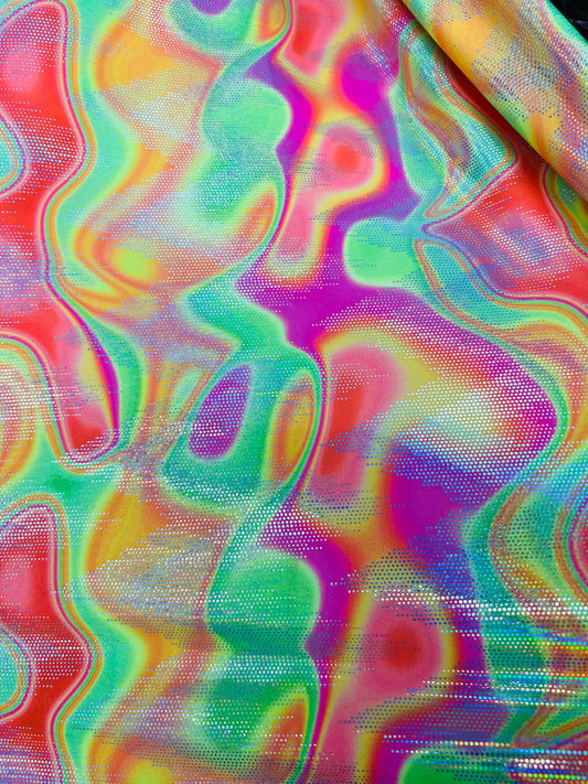 New lava abstract digital design hologram metallic nylon spandex 4-way stretch 58/60” Sold by the YD. Ships Worldwide from Los Angeles CA