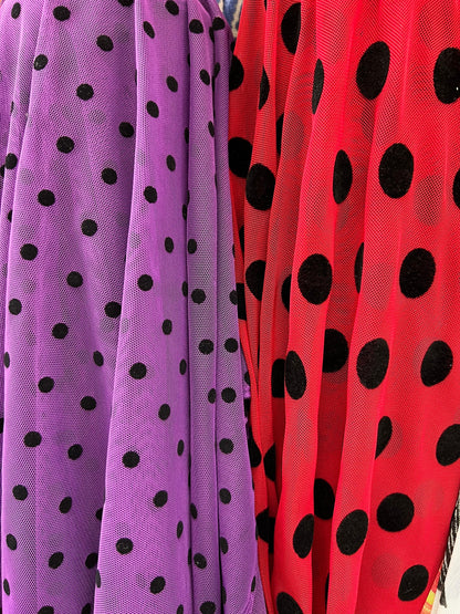 Polka dots design power mesh nylon spandex with flocking dots 4-way stretch 58/60” Sold by the YD. Ships Worldwide from Los Angeles CA