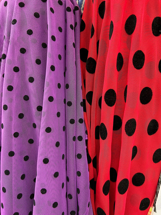 Polka dots design power mesh nylon spandex with flocking dots 4-way stretch 58/60” Sold by the YD. Ships Worldwide from Los Angeles CA