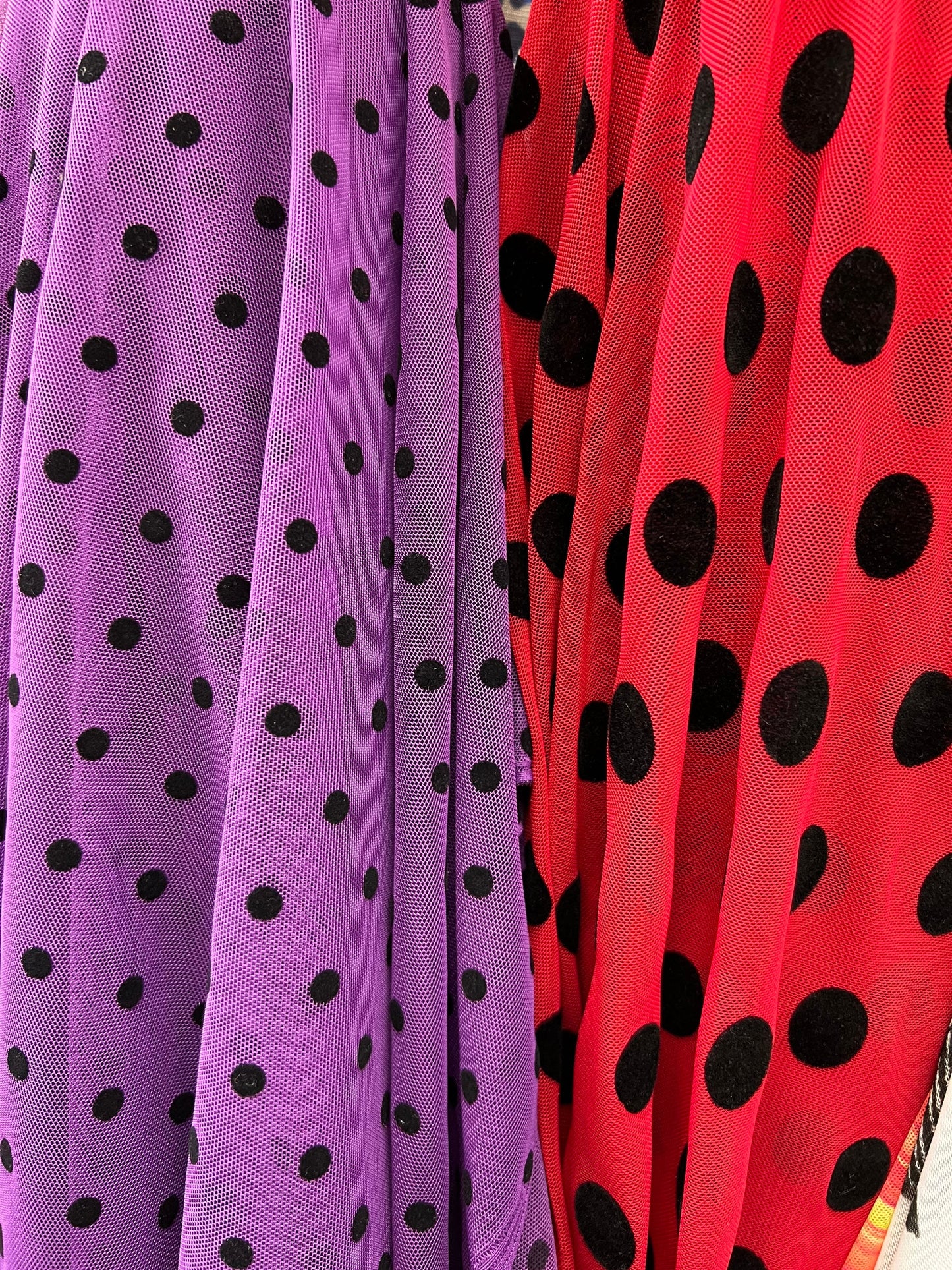 Polka dots design power mesh nylon spandex with flocking dots 4-way stretch 58/60” Sold by the YD. Ships Worldwide from Los Angeles CA