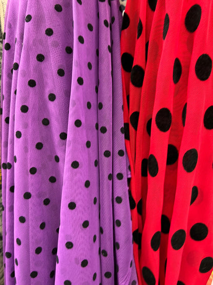 Polka dots design power mesh nylon spandex with flocking dots 4-way stretch 58/60” Sold by the YD. Ships Worldwide from Los Angeles CA