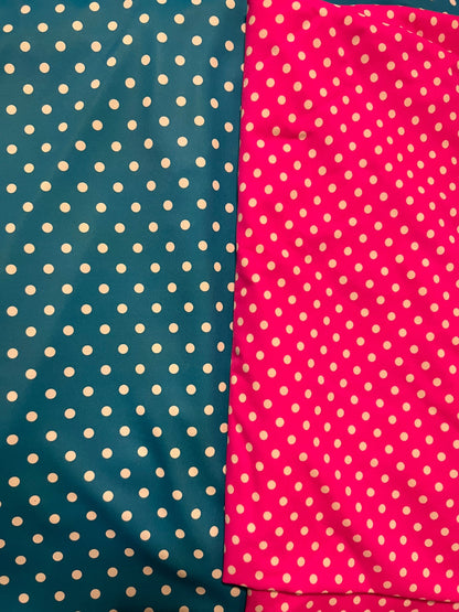 Small polka dots design print on best quality of nylon spandex 4-way stretch 58/60” Sold by the YD. Ships Worldwide from Los Angeles CA.