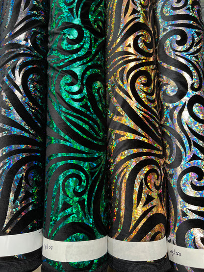 Rolex design swirl hologram metallic foil on great quality of stretch velvet 4-way stretch 58/60”